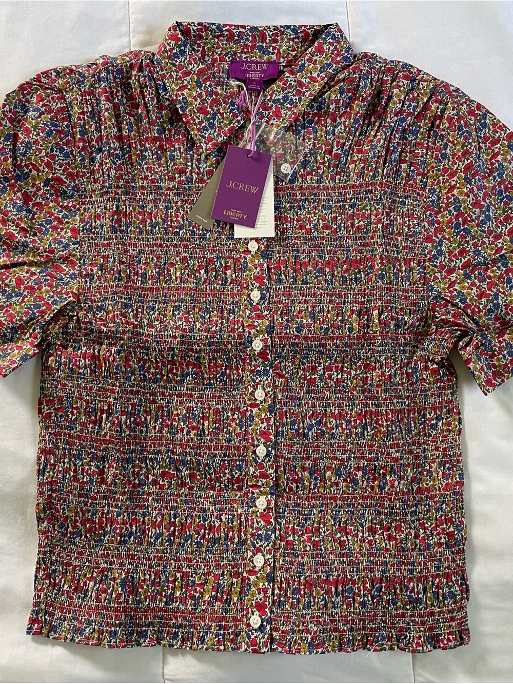 J. Crew Liberty Floral Smocked Button Blouse in Red, Blue, Green